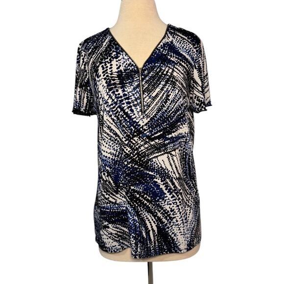 Claudia Richard Blouse Women's L Colorful Zip V-Neck Short Sleeve Shirt Top - Picture 1 of 4